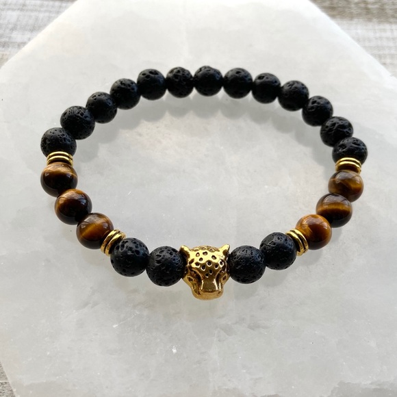 Black lava rock & tiger eye panther bead bracelet - Picture 11 of 12